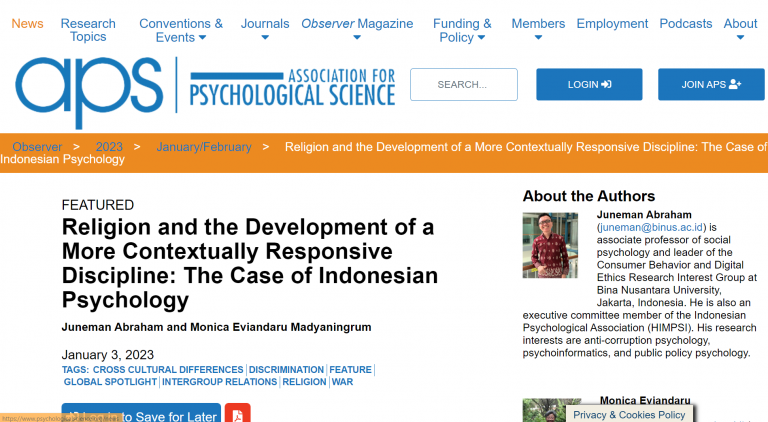 Hasil Pemikiran RIG CBDE diterbitkan APS Observer (Association for Psychological Science)