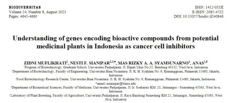 Understanding of genes encoding bioactive compounds from potential medicinal plants in Indonesia as cancer cell inhibitors